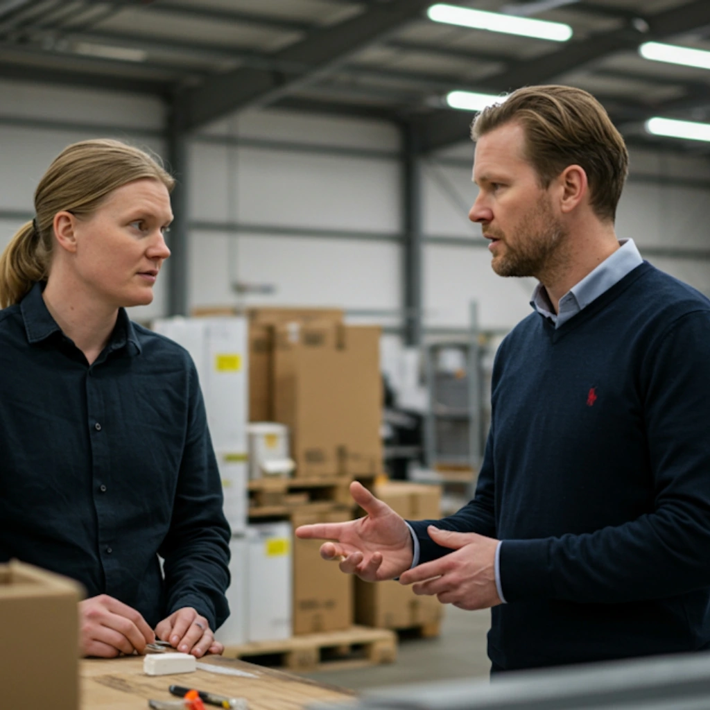 zwei menschen reden in einer halle